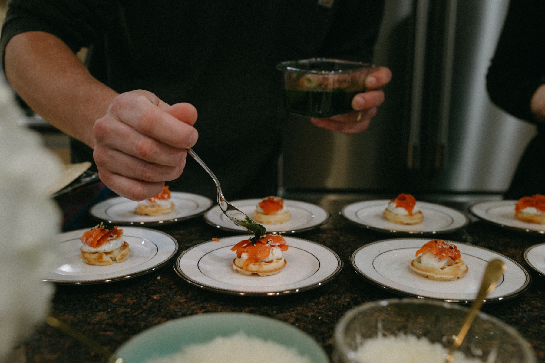 Plating appetizers in the kitchen